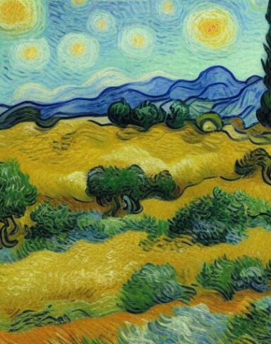 A wheatfield with cypress trees painting