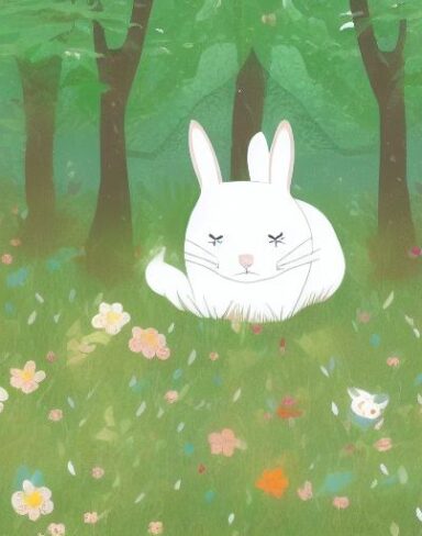 A white rabbit sleeping in the middle of a forest