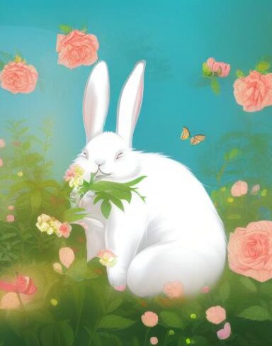 A white rabbit sleeping in the middle of a forest with roses and butterfly