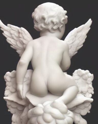 A white statue of angel baby wings on his back