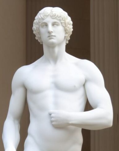 A white statue of one male a marble sculpture inspired by Augustus Dunbier