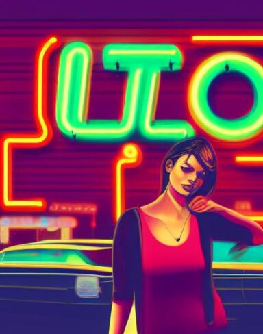 A woman standing in front of a neon sign