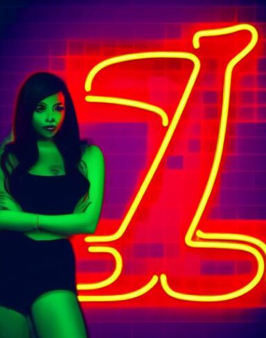 A woman standing in front of a neon sign