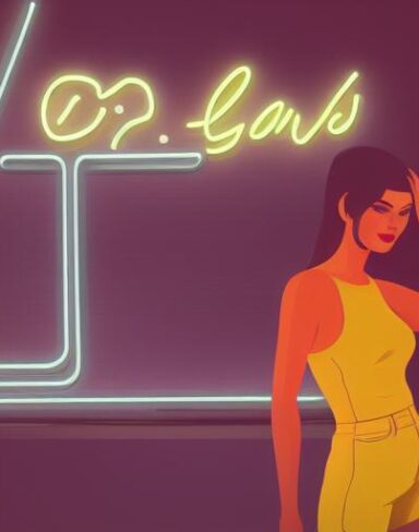 A woman standing in front of a neon sign