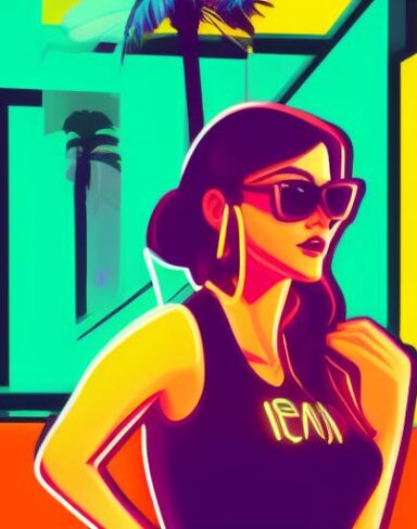 A woman standing in front of a neon sign