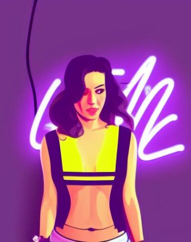 A woman standing in front of a neon sign