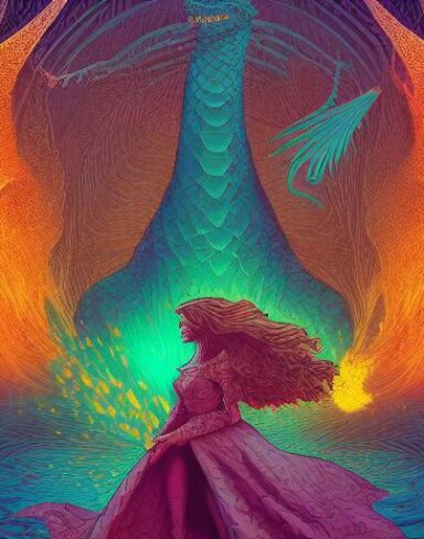 A woman that is standing in front of a dragon in a castle