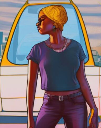 A woman that is standing in front of a van