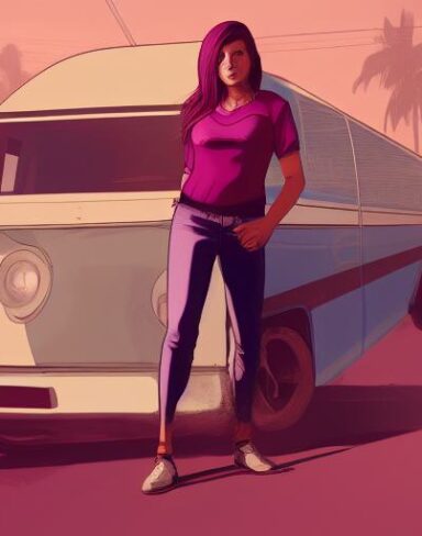 A woman that is standing in front of a van