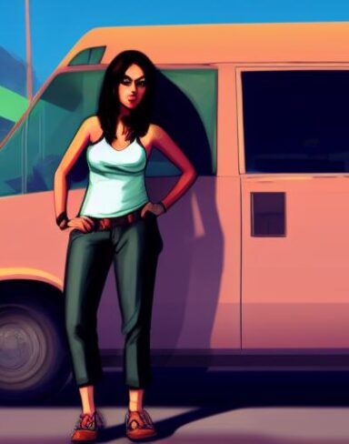 A woman that is standing in front of a van