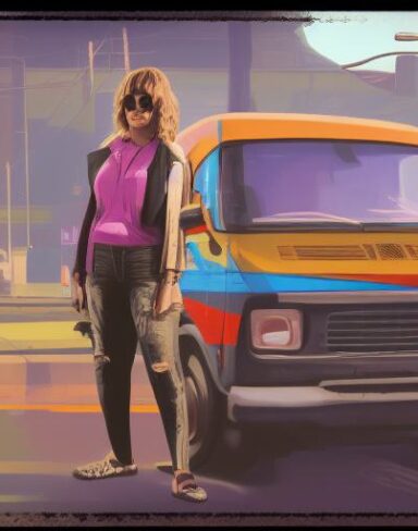 A woman that is standing in front of a van