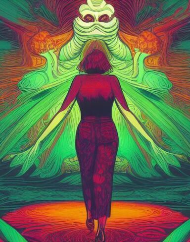 A woman that is walking with a monster