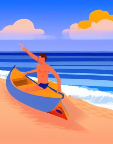 A young man is sitting in a boat on beach