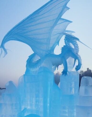 An ice sculpture of a dragon and a man on a boat