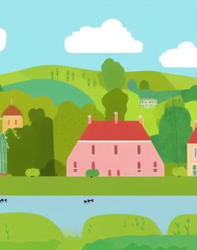 An illustration of a town with houses and trees in the background