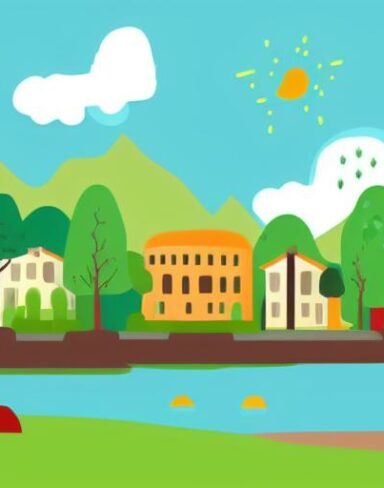 An illustration of a town with nature scene