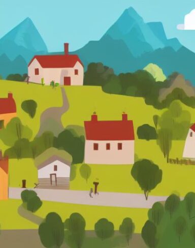 An illustration of a village with mountains and houses