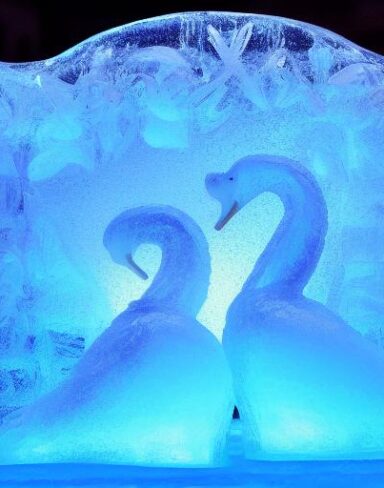 An tranquil ice sculpture of two sparkling ice-made swans on a wave