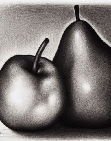 Black and white charcoal drawing of a pear and an apple on a table