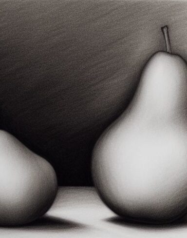 Black and white drawing of a pear and an apple on a table
