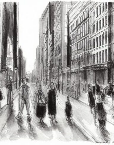 Black and white painting of people on a city street