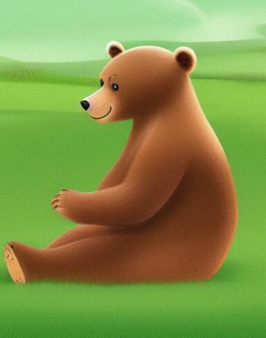 Brown bear sitting on a green field