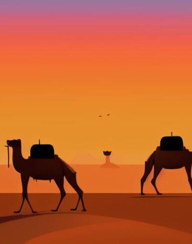 Camels walking in a desert in summer season