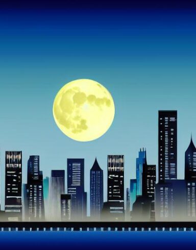 City at night with a moon in the sky