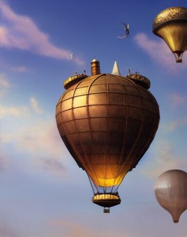 Detail steampunk art of a mechanical airship flying in the blue sky