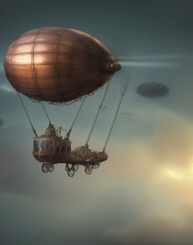 Detail steampunk art of a mechanical airship flying in the mist