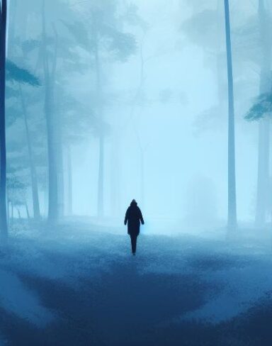 Digital art of a person walking through a forest
