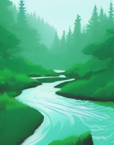 Digital art of a river running through the green forest