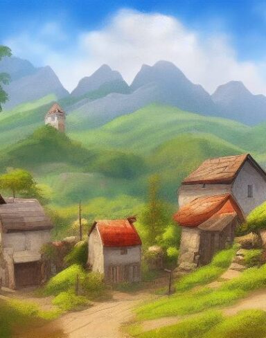Digital art painting of a small village in the mountains