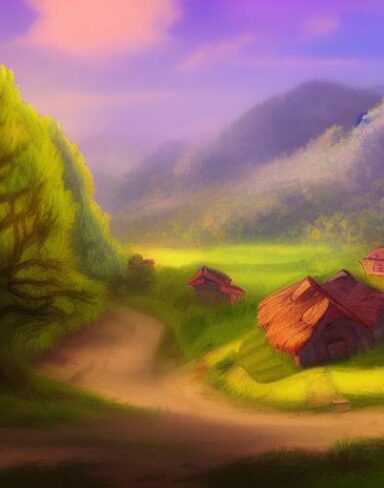 Digital art painting of small village in the mountains