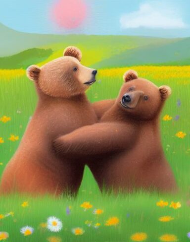 Drawing of two bears in flowers field