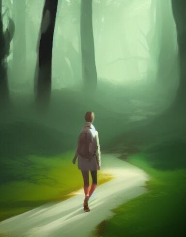 Fantasy digital art of a person walking through a forest
