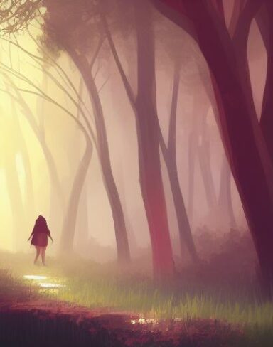 Joyful digital art of a person walking through a forest