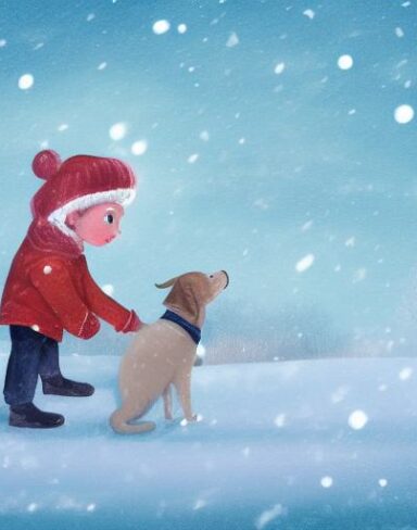 Little boy standing with a dog in the snow in winter