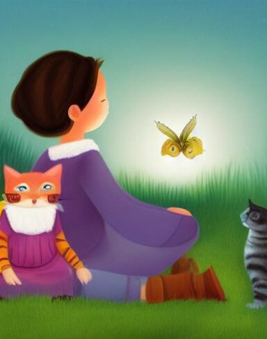 Little girl sitting next to a cat