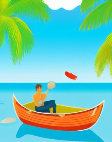 Man is sitting in a boat on beach