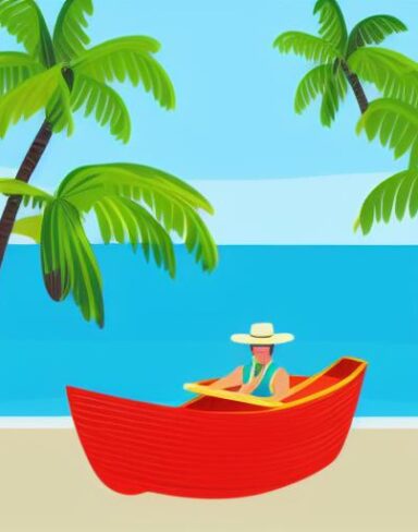 Man is sitting in a boat on the beach