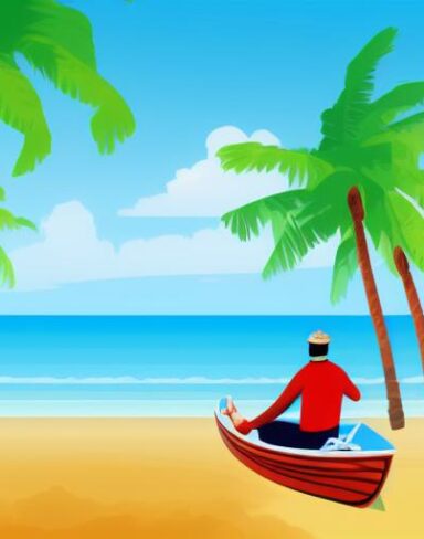 Man is sitting in a boat on the beach