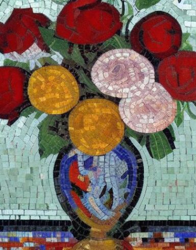Mosaic of roses flowers in a vase inspired by Mikhail Vrubel