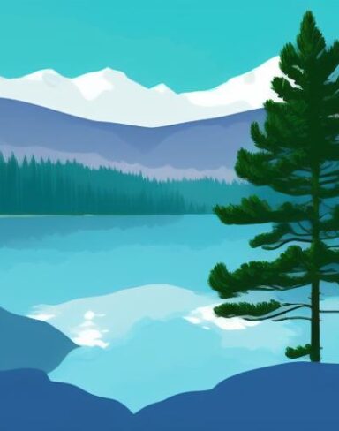 Mountain landscape with pine trees and a lake in the foreground