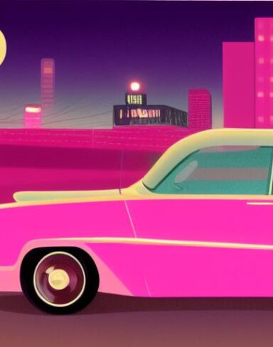 One retro pink car driving down a street at night