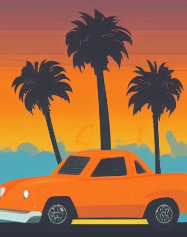 Orange car with palm trees