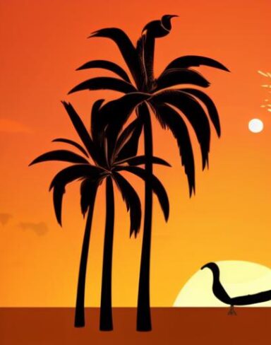 Orange sunset with some palm trees and birds