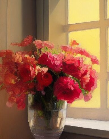 Painting of flowers in a vase on a window sill