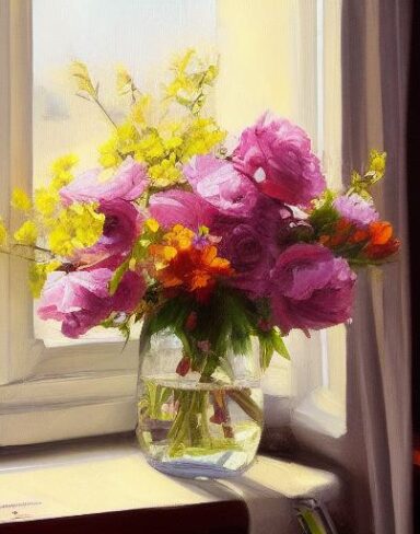 Painting of flowers in a vase on a window sill