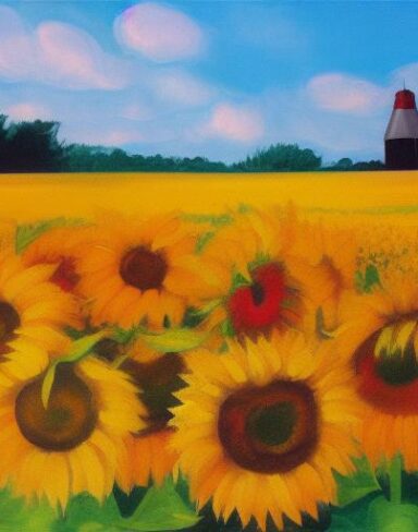 Painting of sunflowers in a farm